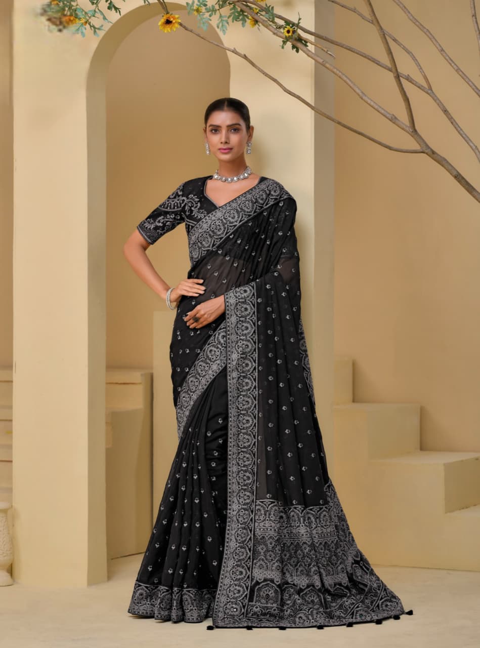 Black Banarasi Tuscany Thread Moti Cut Dana Mirror Zarkan Heavy Work Saree