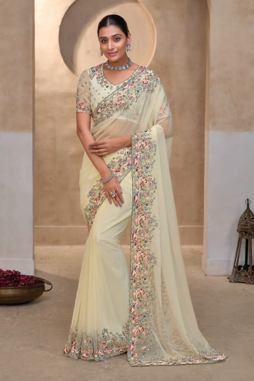 Pista Banarasi Tuscany Moti Zarkan Thread Heavy Work Saree