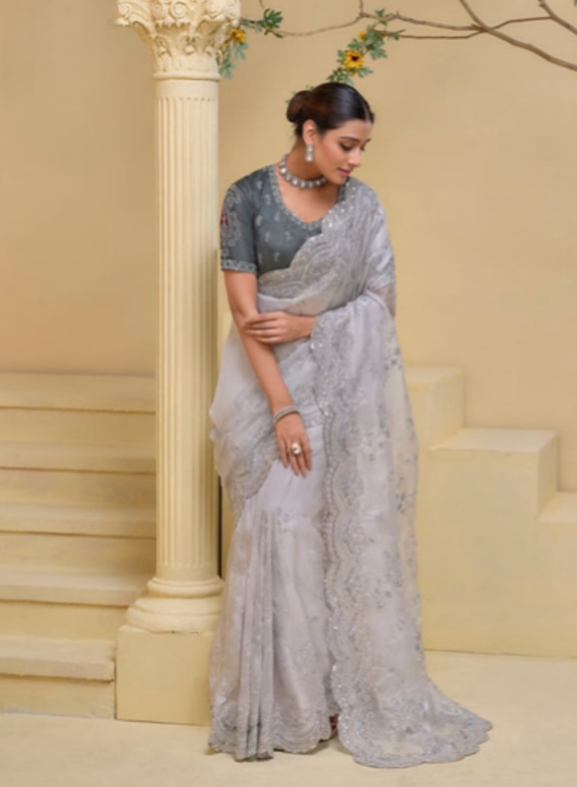 Grey Melbourne Silk Moti Zarkan Sequence Heavy Work Saree
