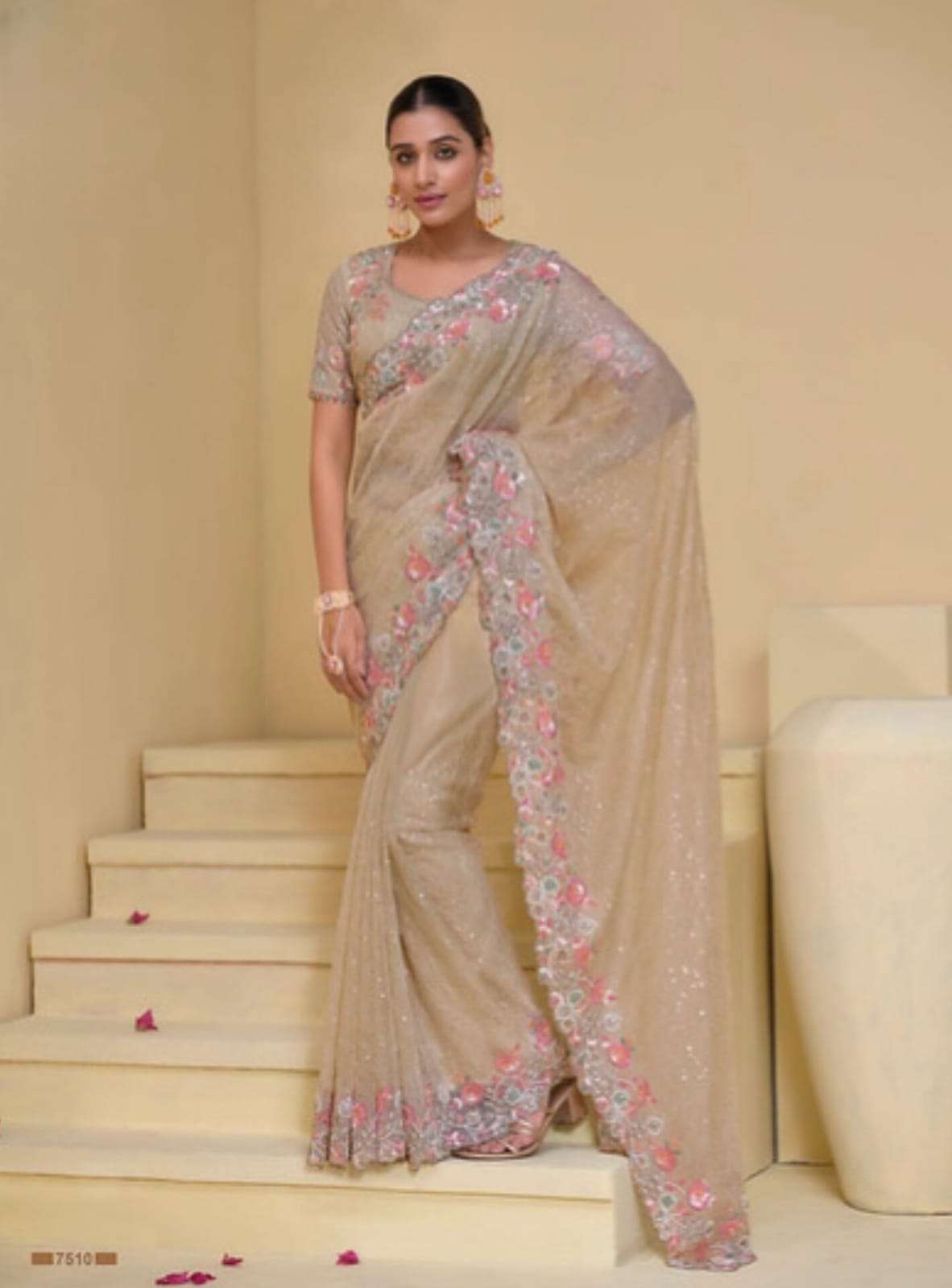 Cream Banarasi Tuscany Moti Zarkan Thread Heavy Work Saree