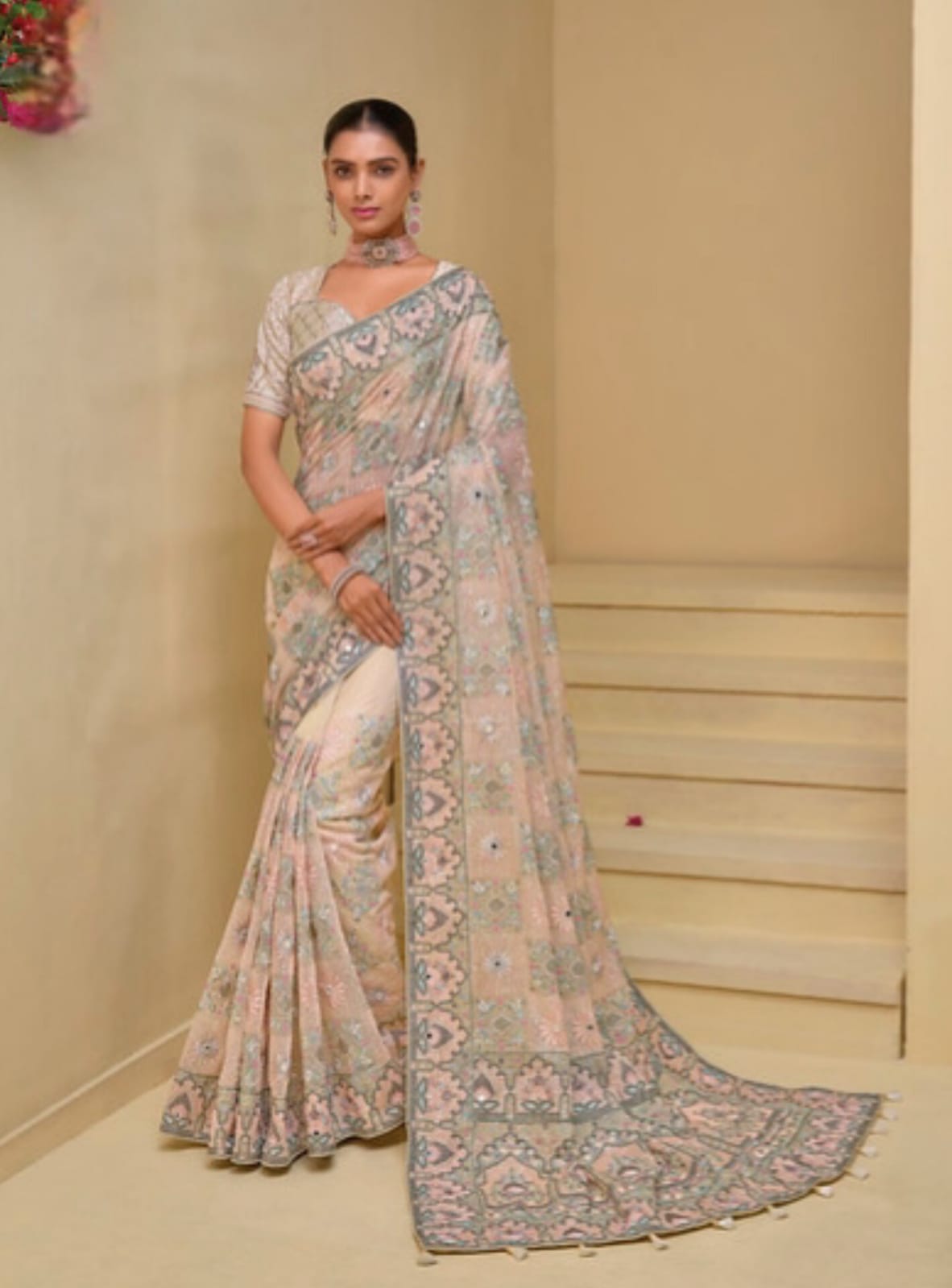 Cream Banarasi Tuscany Moti Mirror Jari Thread Sequence Heavy Work Saree