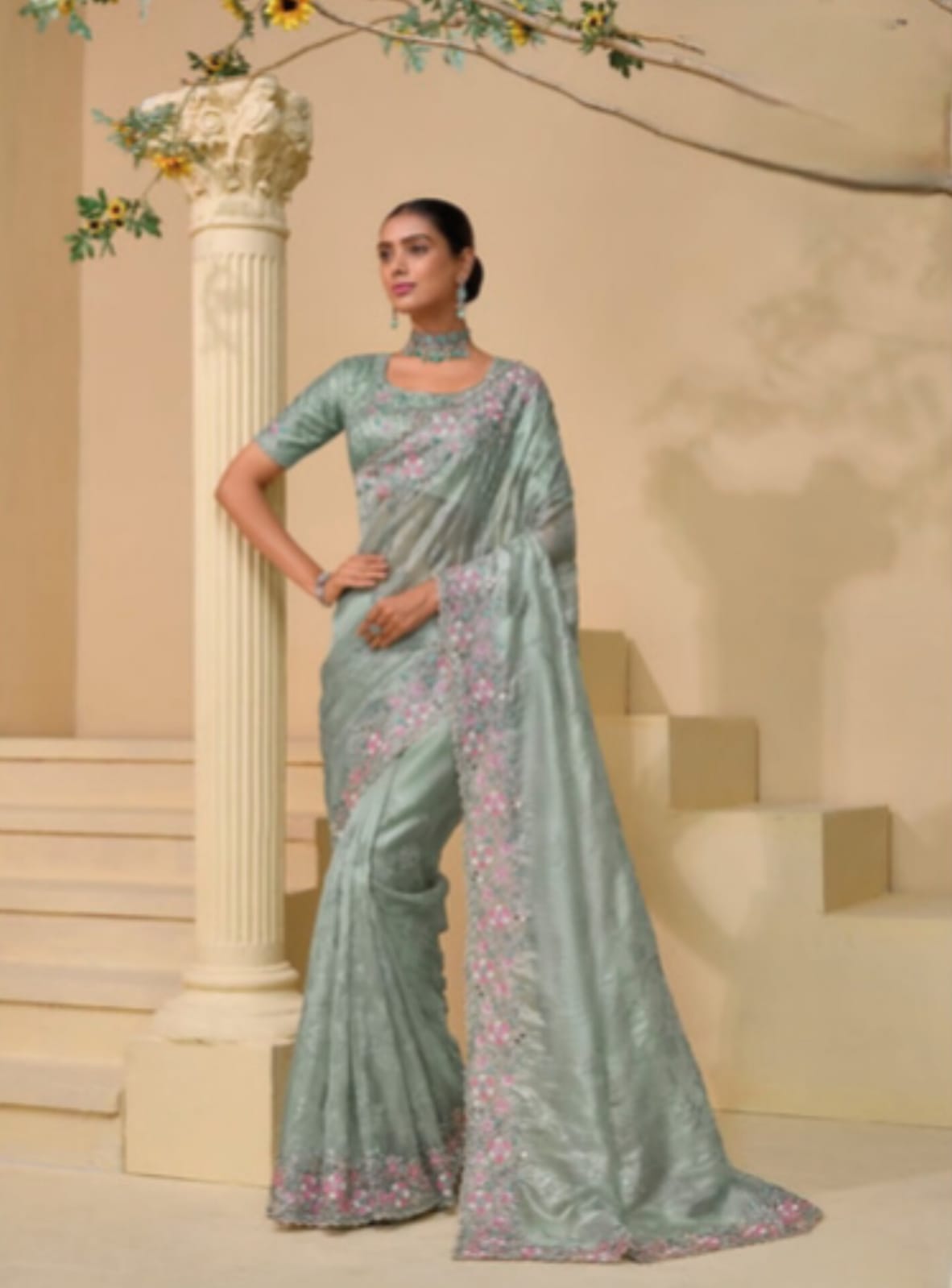 Pista Soft Shine Cut Dana Moti Sequence Heavy Work Saree