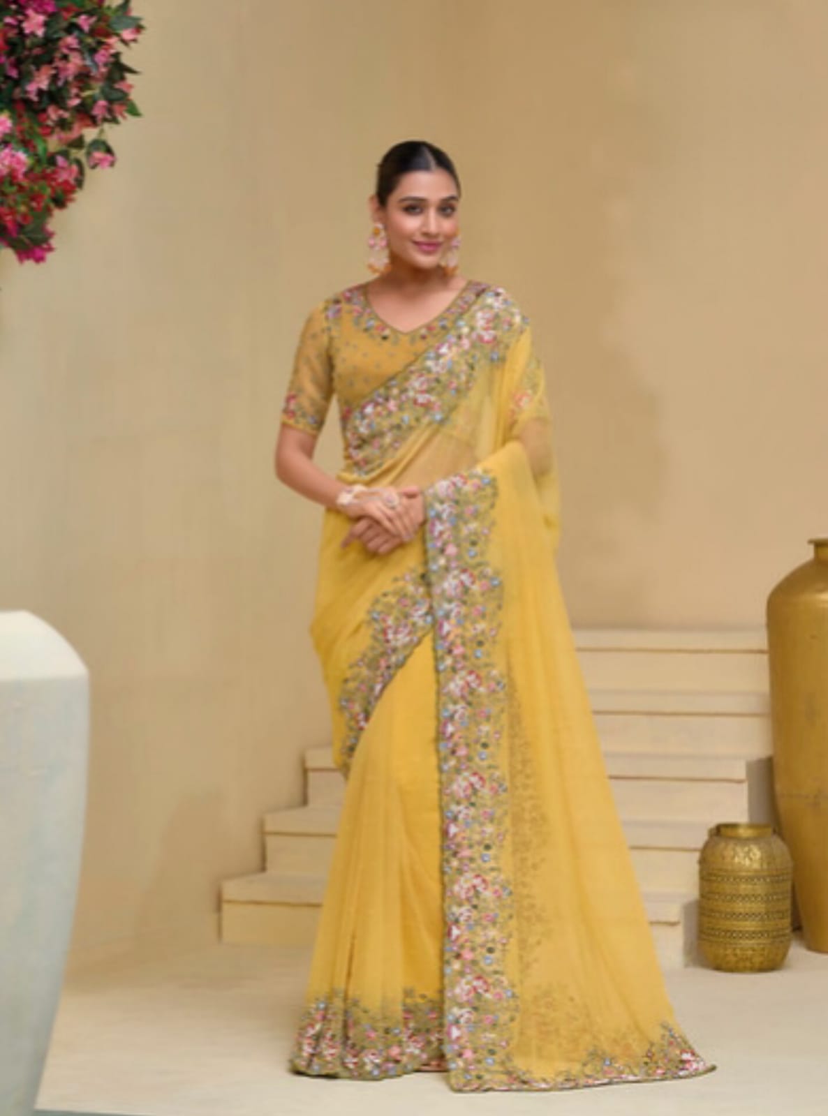 Mustard Banarasi Tuscany Moti Zarkan Thread Heavy Work Saree