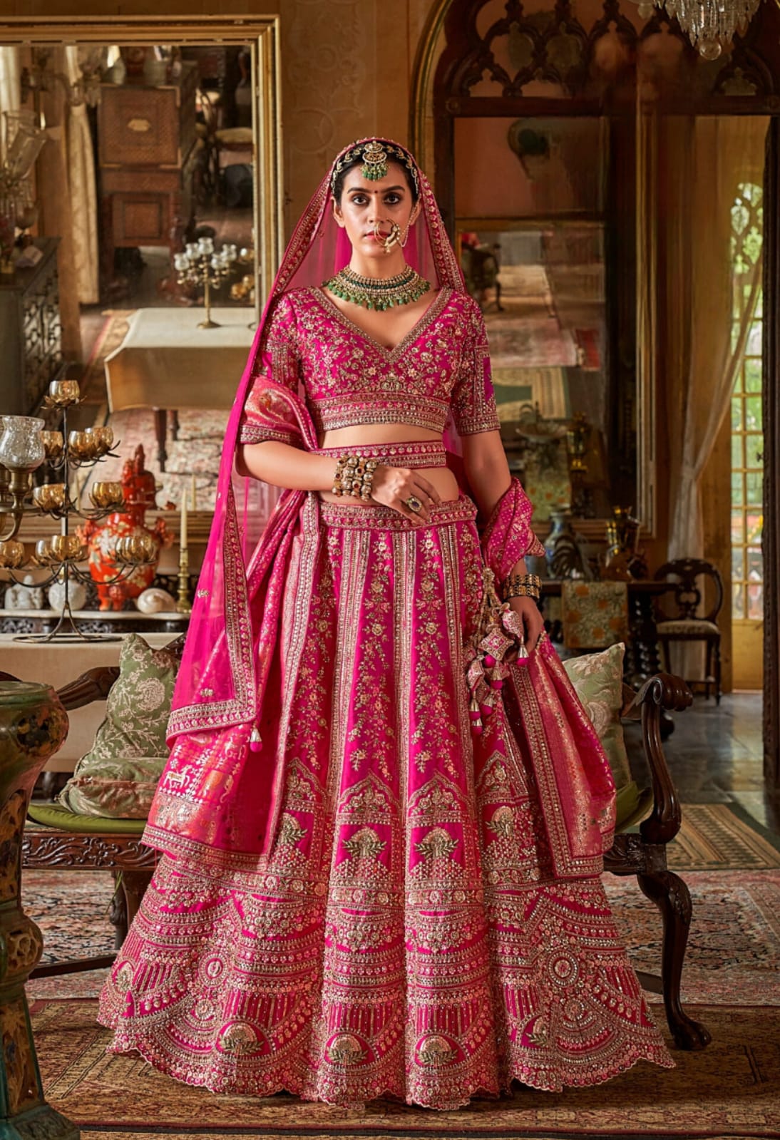 Magenta Pink Bridal Tone Silk Embroidery Sequince Thread Pearl Zari Weaving Work Lehenga