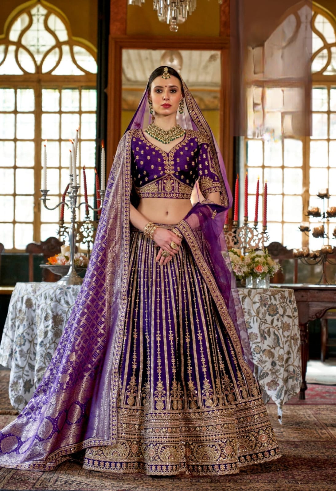 Purple Bridal Tone Silk Embroidery Sequince Thread Pearl Zari Weaving Work Lehenga