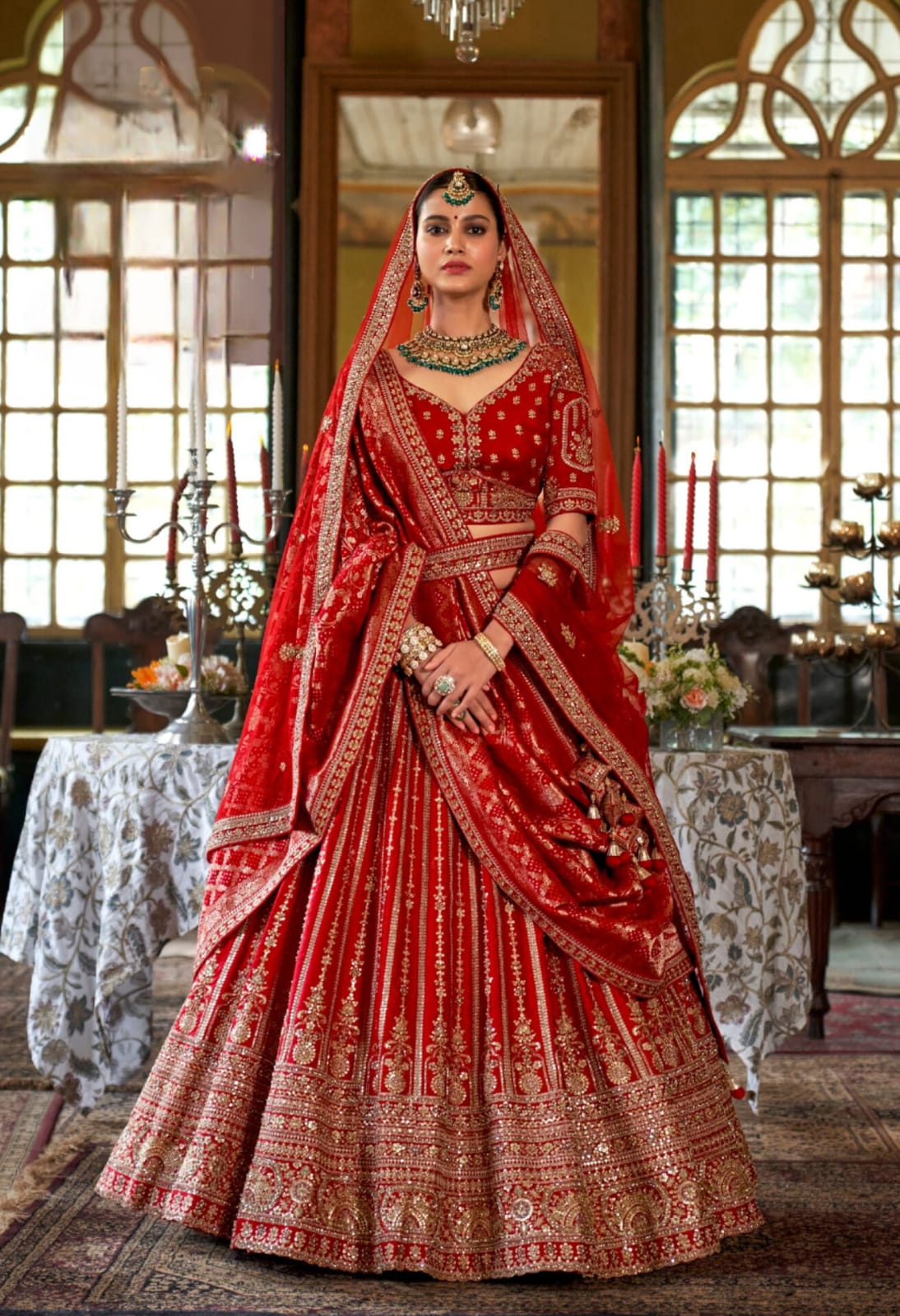 Red Bridal Tone Silk Embroidery Sequince Thread Pearl Zari Weaving Work Lehenga
