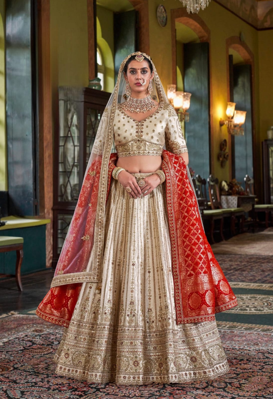 Cream Red Bridal Tone Silk Embroidery Sequince Thread Pearl Zari Weaving Work Lehenga