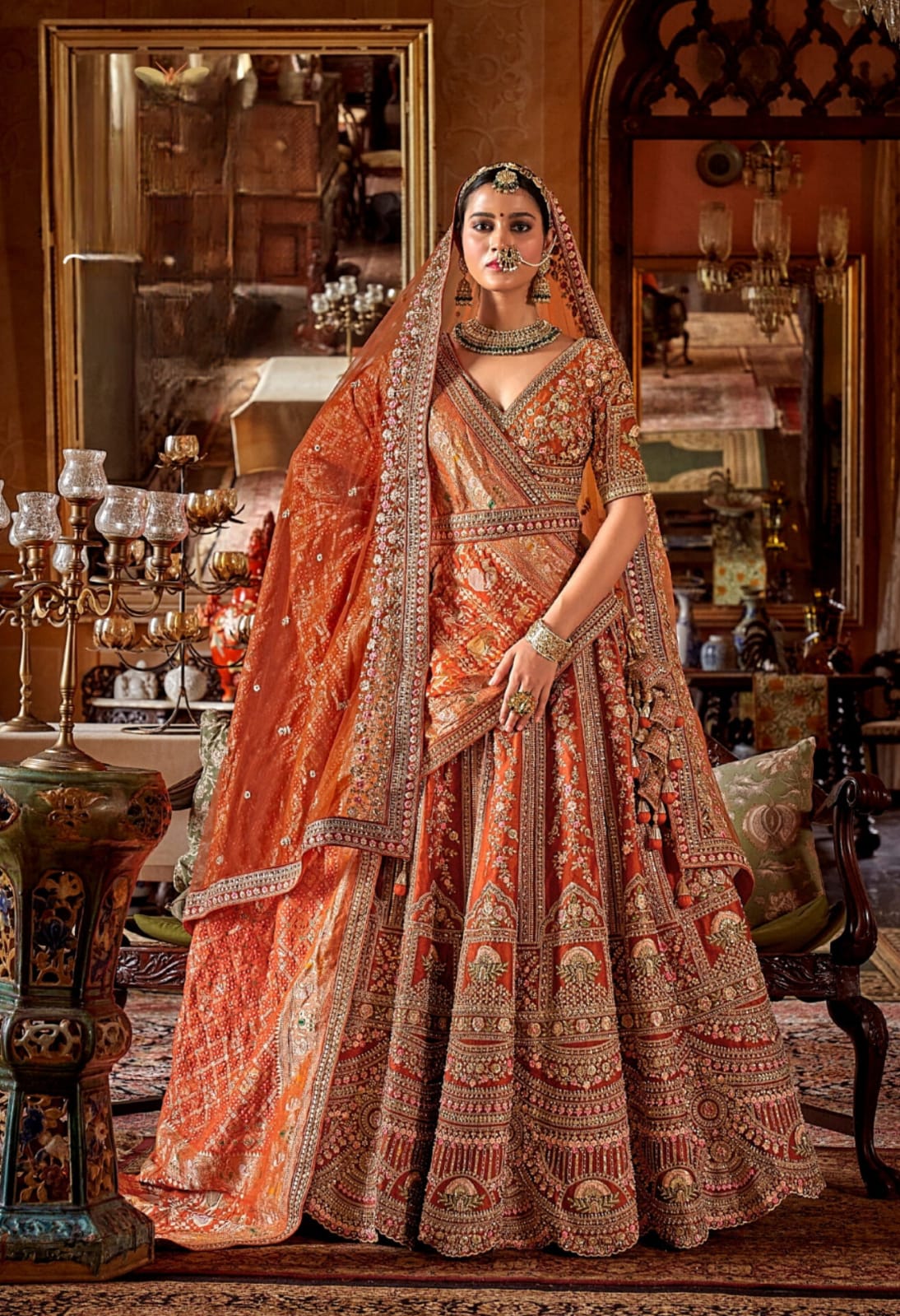 Orange Bridal Tone Silk Embroidery Sequince Thread Pearl Zari Weaving Work Lehenga