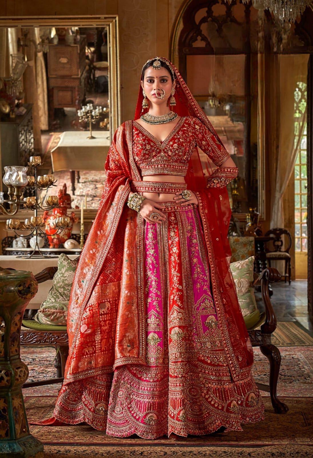 Red Pink Bridal Tone Silk Embroidery Sequince Thread Pearl Zari Weaving Work Lehenga
