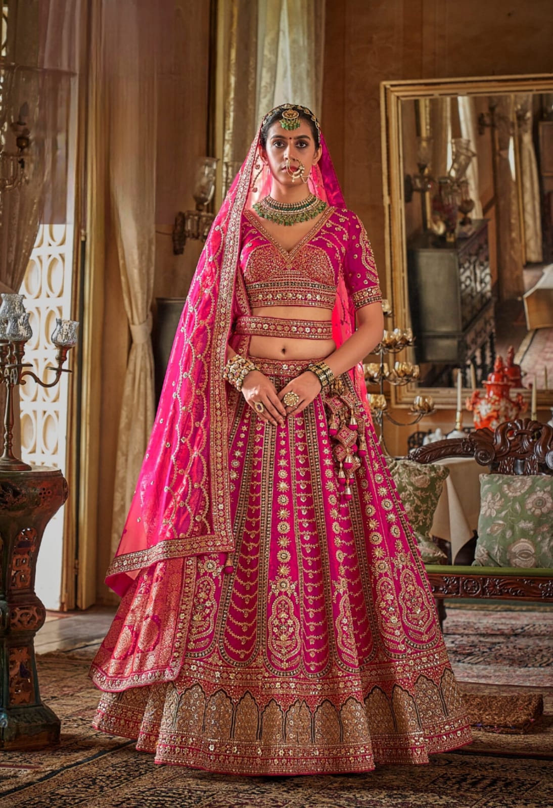 Pink Bridal Tone Silk Embroidery Sequince Thread Pearl Zari Weaving Work Lehenga