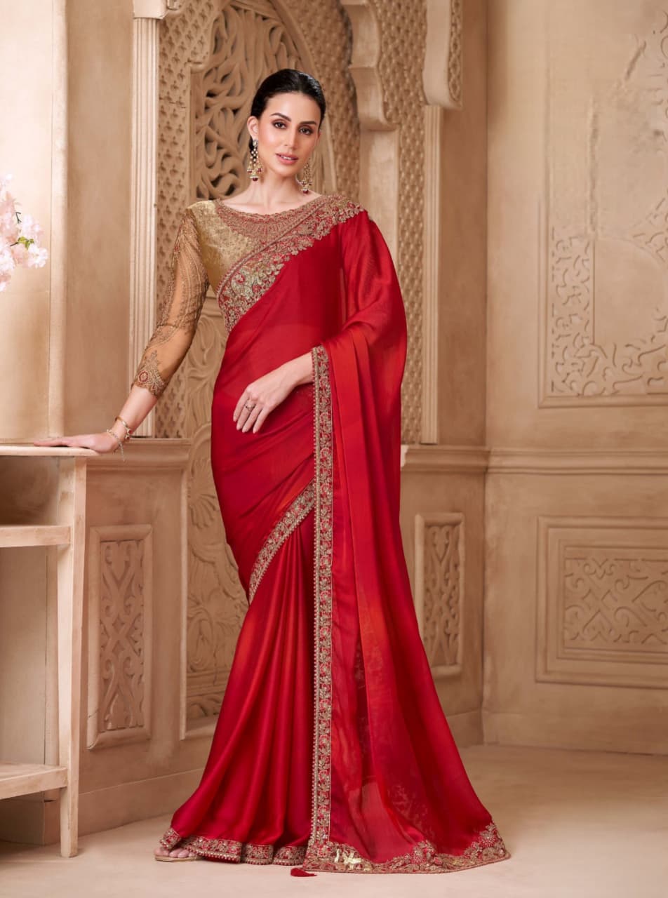 Red Sartin Silk Georgette Brocade Work Saree