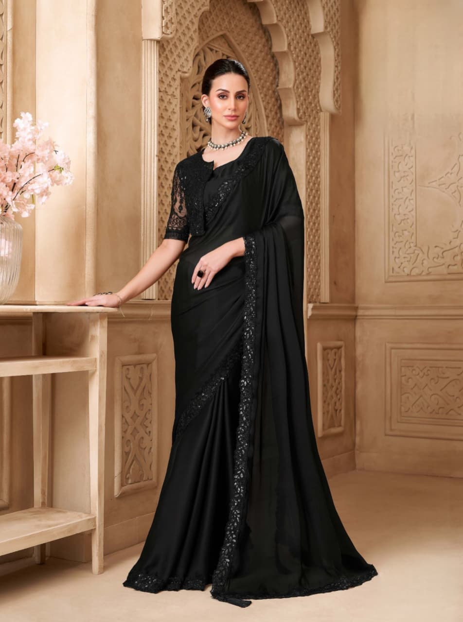 Black Sartin Georgette Jacket Work Saree