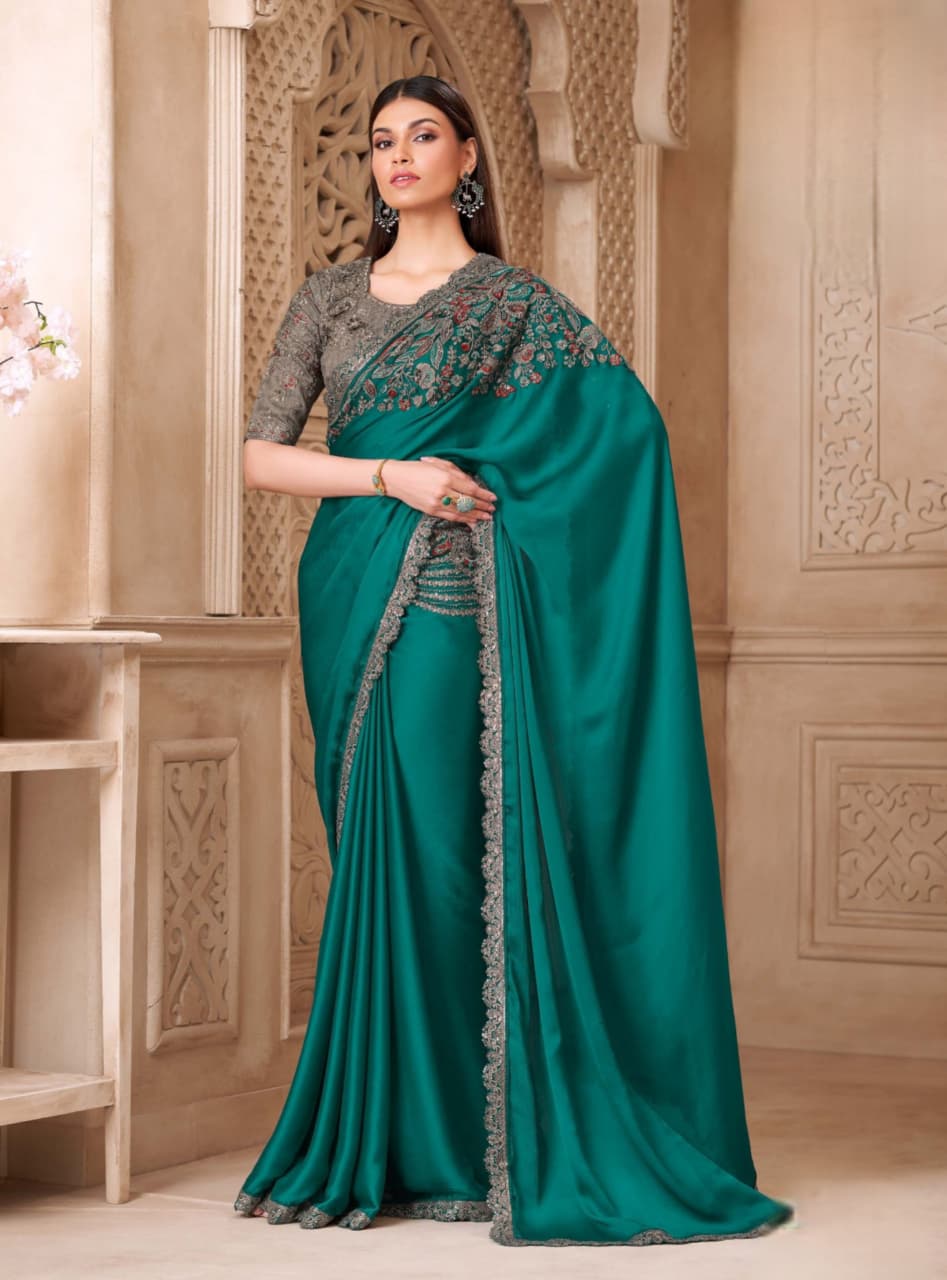 Green Sartin Silk Tussar Work Saree