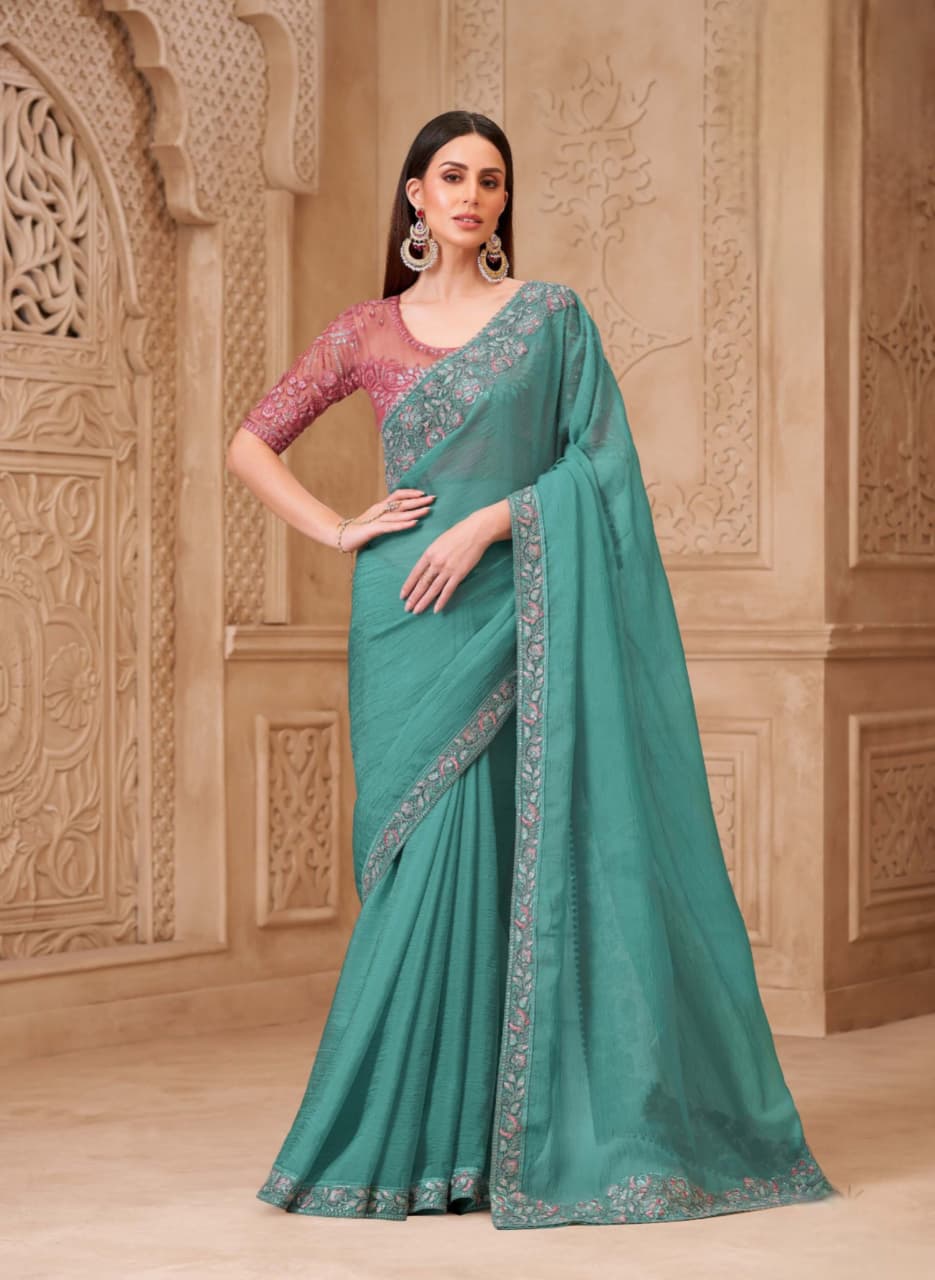 Blue Sartin Georgette Tussar Silk Work Saree