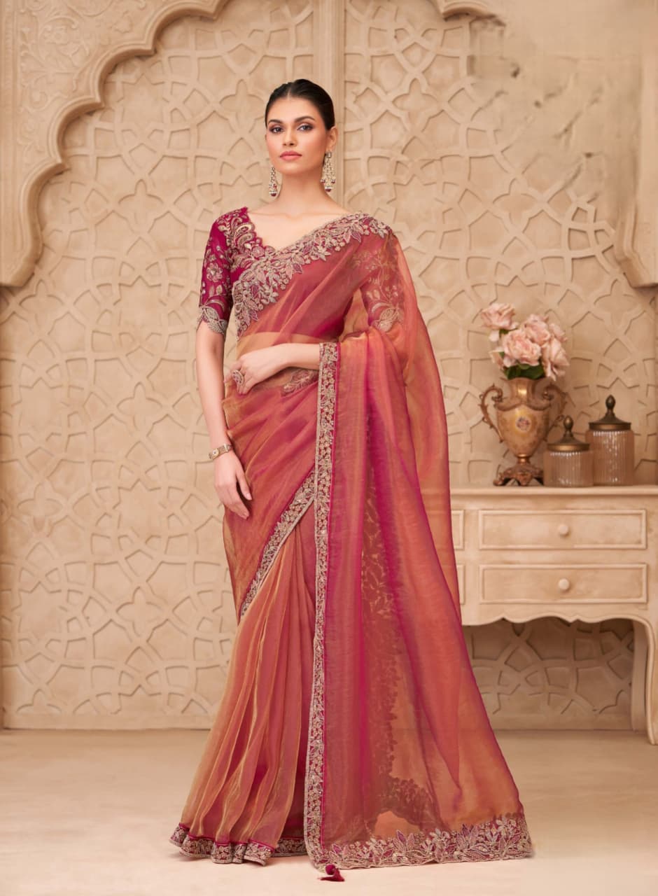 Gold Georgette Silk Sartin Work Saree