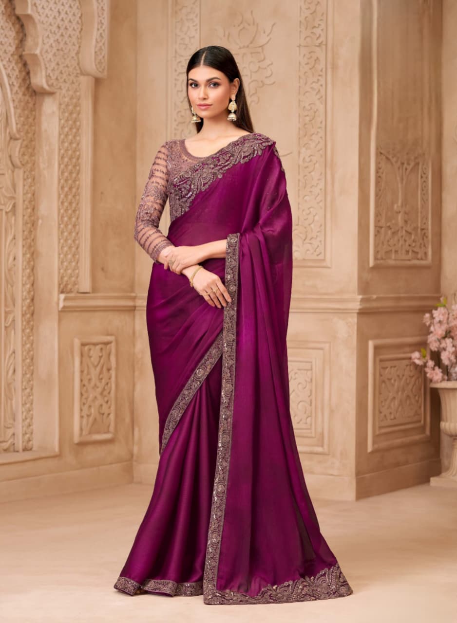 Maroon Sartin Georgette Brocade Silk Work Saree