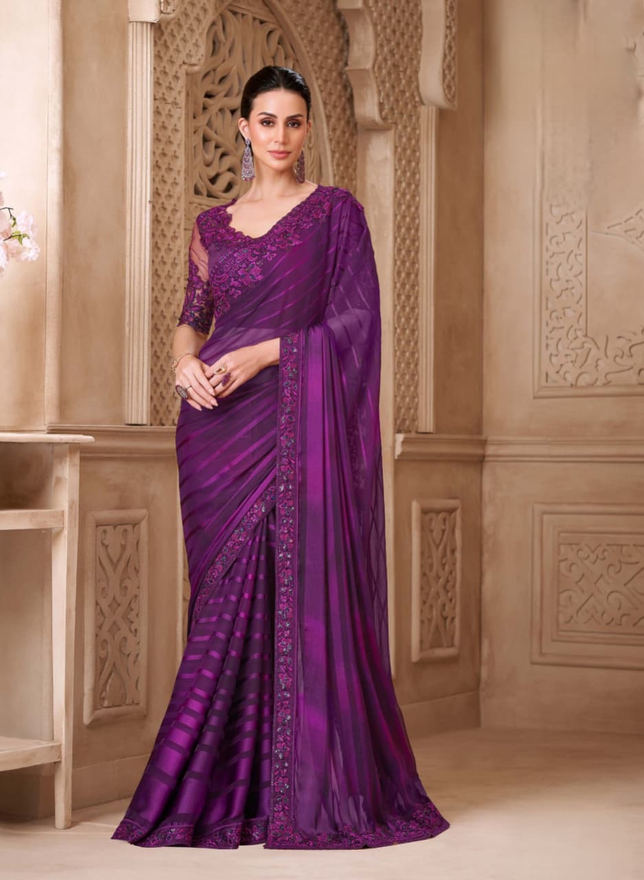 Purple Sartin Georgette Tussar Work Saree