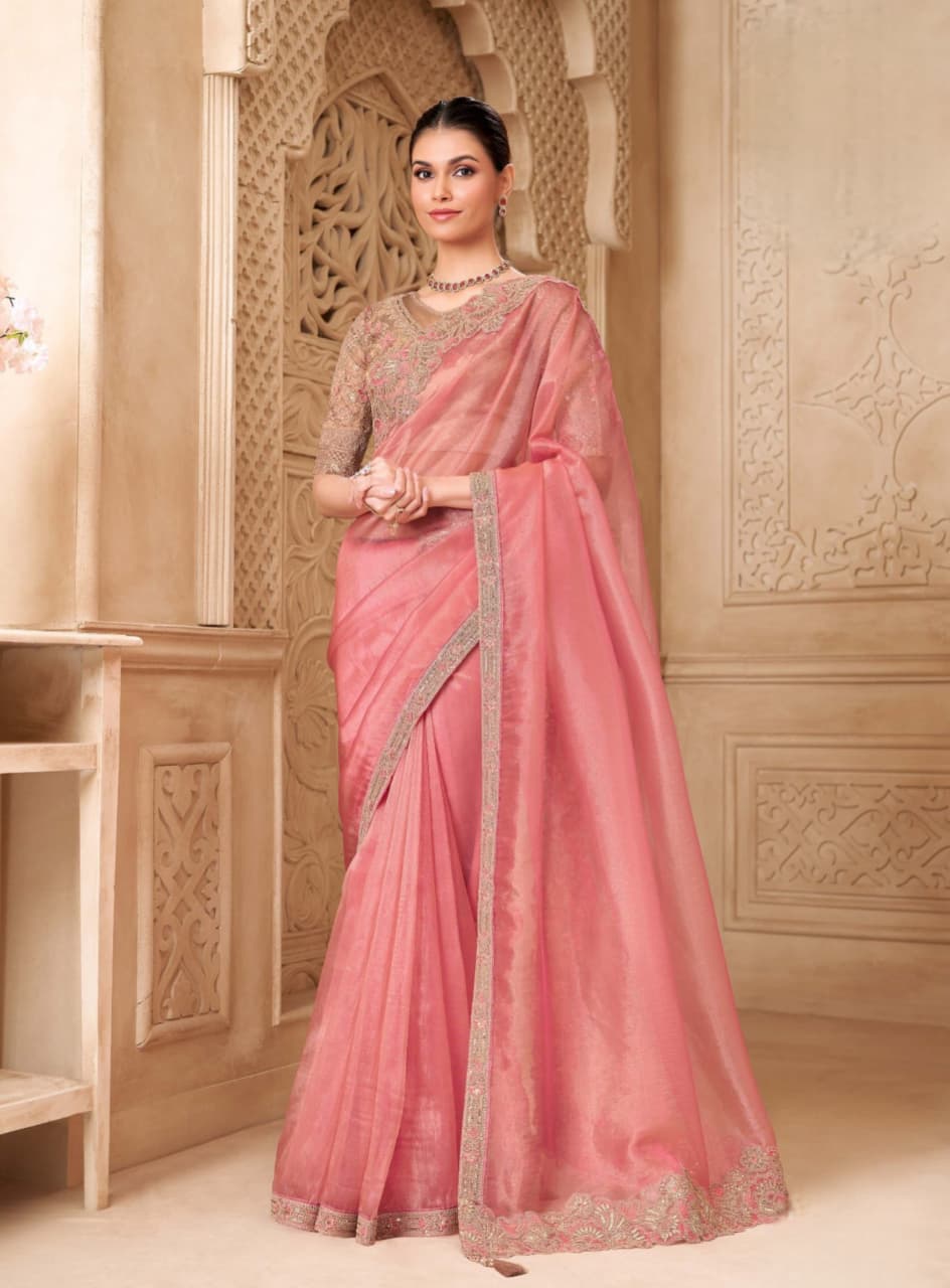 Gold Pink Georgette Brocade Silk Work Saree