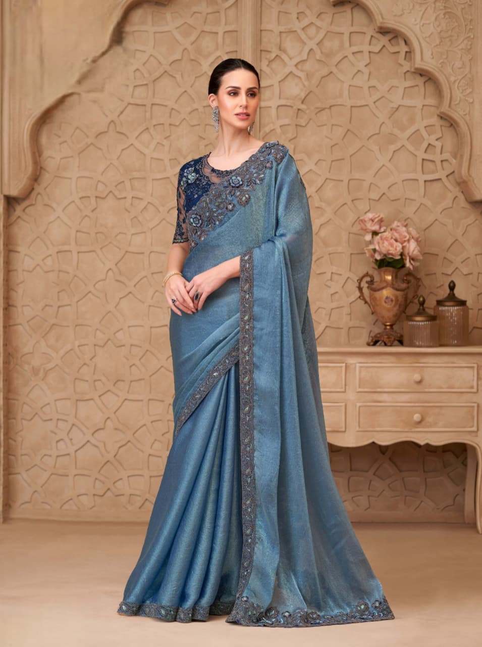 Blue Sartin Georgette Tussar Silk Work Saree