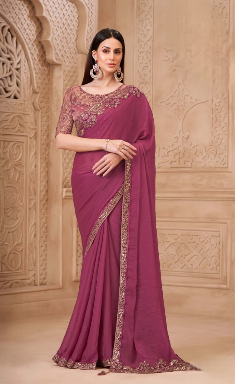 Pink Georgette Brocade Silk Work Saree