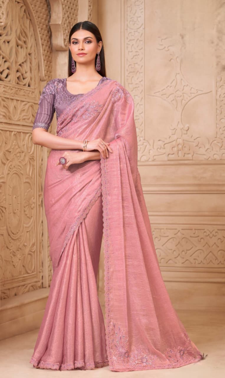 Pink Sartin Georgette Sartin Silk Work Saree