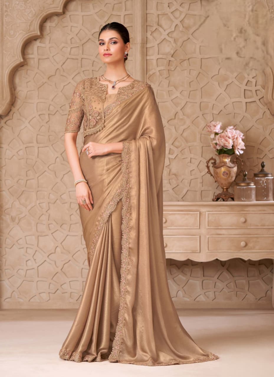 Gold Sartin Georgette Jacket Work Saree