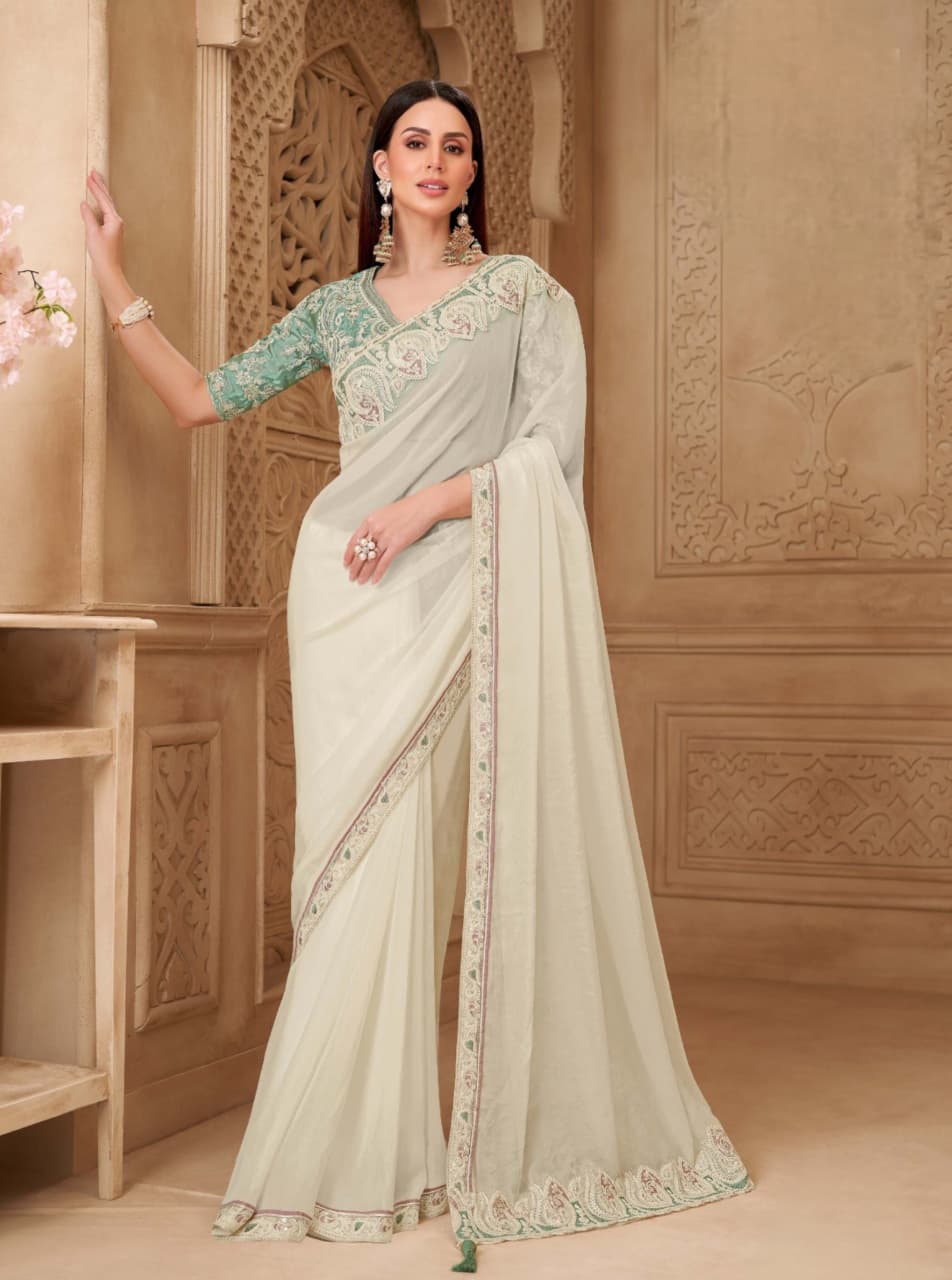 White Georgette Silk Sartin Work Saree