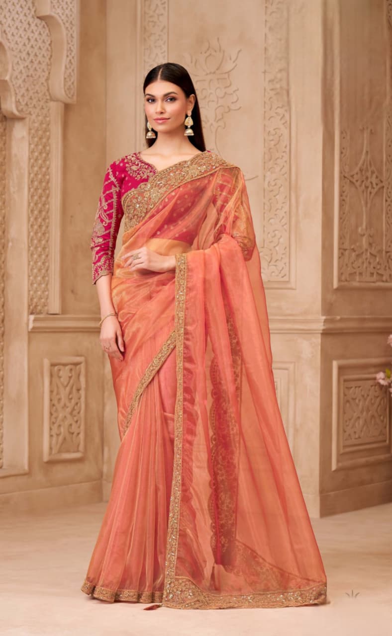 Gold Georgette Silk Brocade Weaved Work Saree