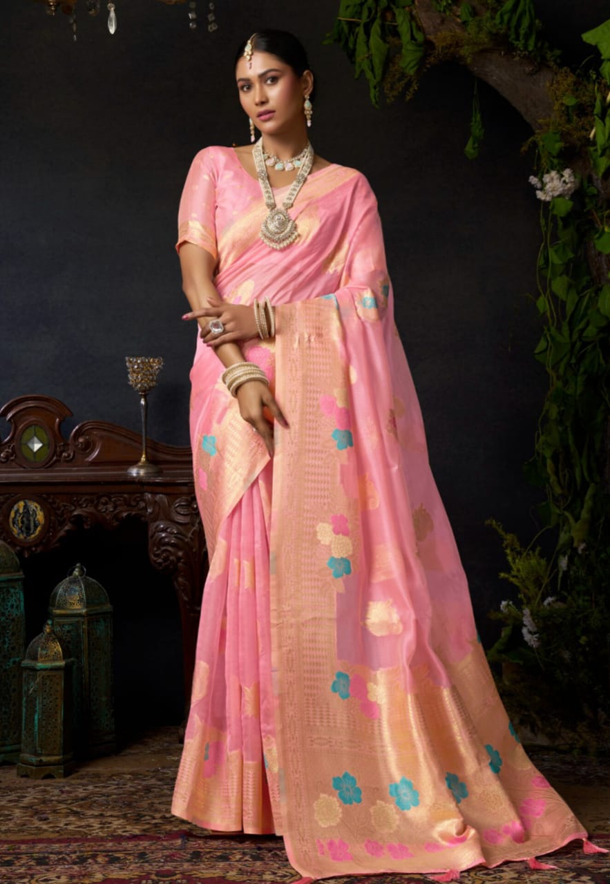 Pink Organza Khadi Zari Work Saree
