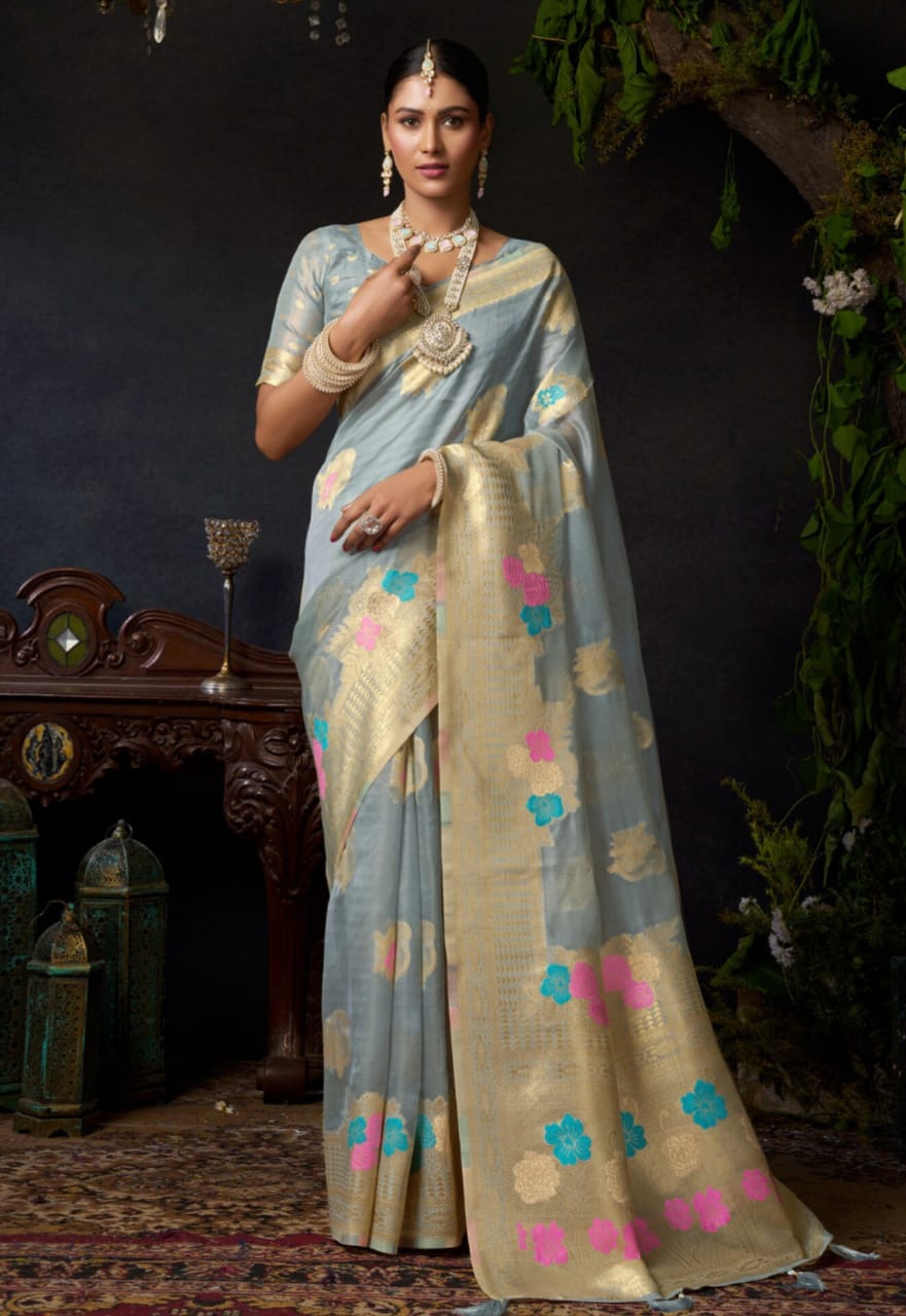 Grey Organza Khadi Zari Work Saree