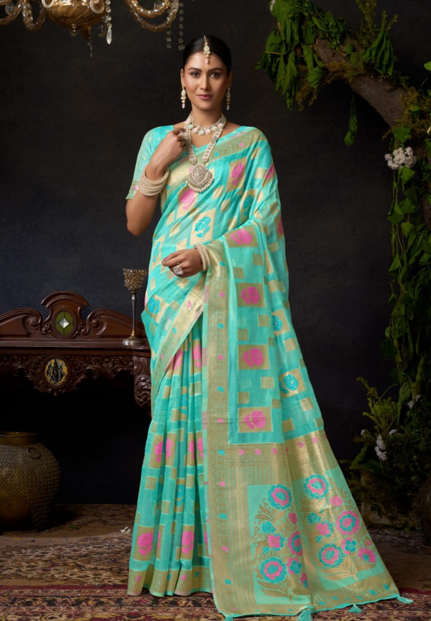 Turquoise Organza Khadi Zari Work Saree