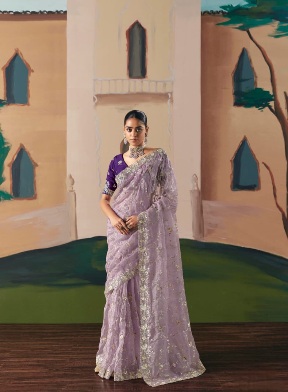 Lavender Premium Fancy Fabric Embroidery Sequence Stone Work Saree