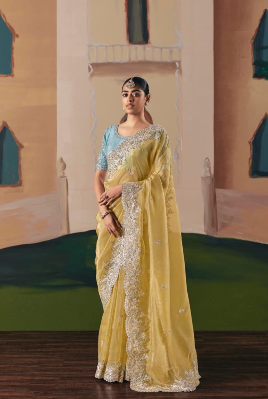 Golden Yellow Premium Fancy Fabric Embroidery Sequence Stone Work Saree