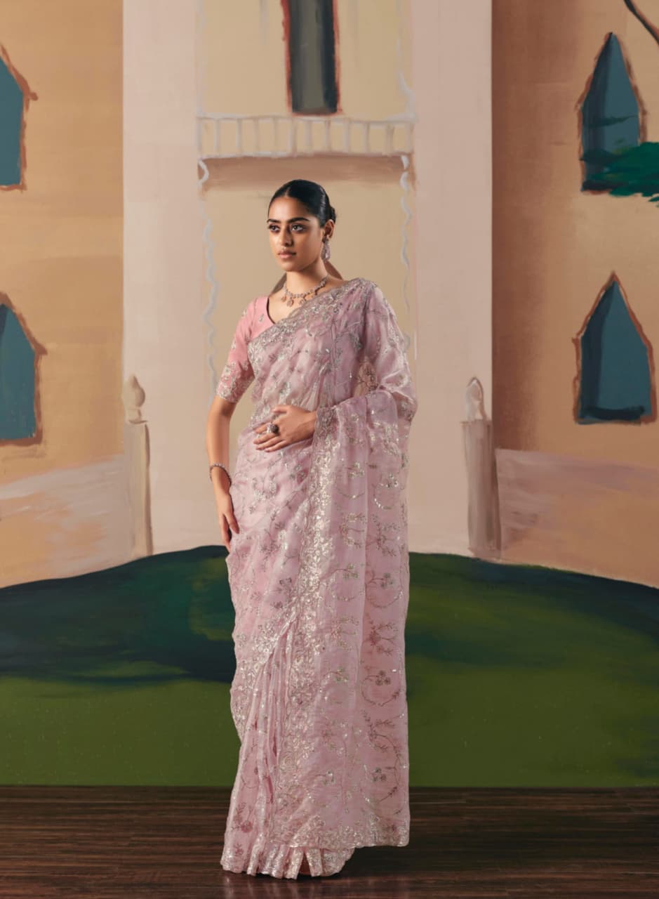 Rose Pink Premium Fancy Fabric Embroidery Sequence Stone Work Saree