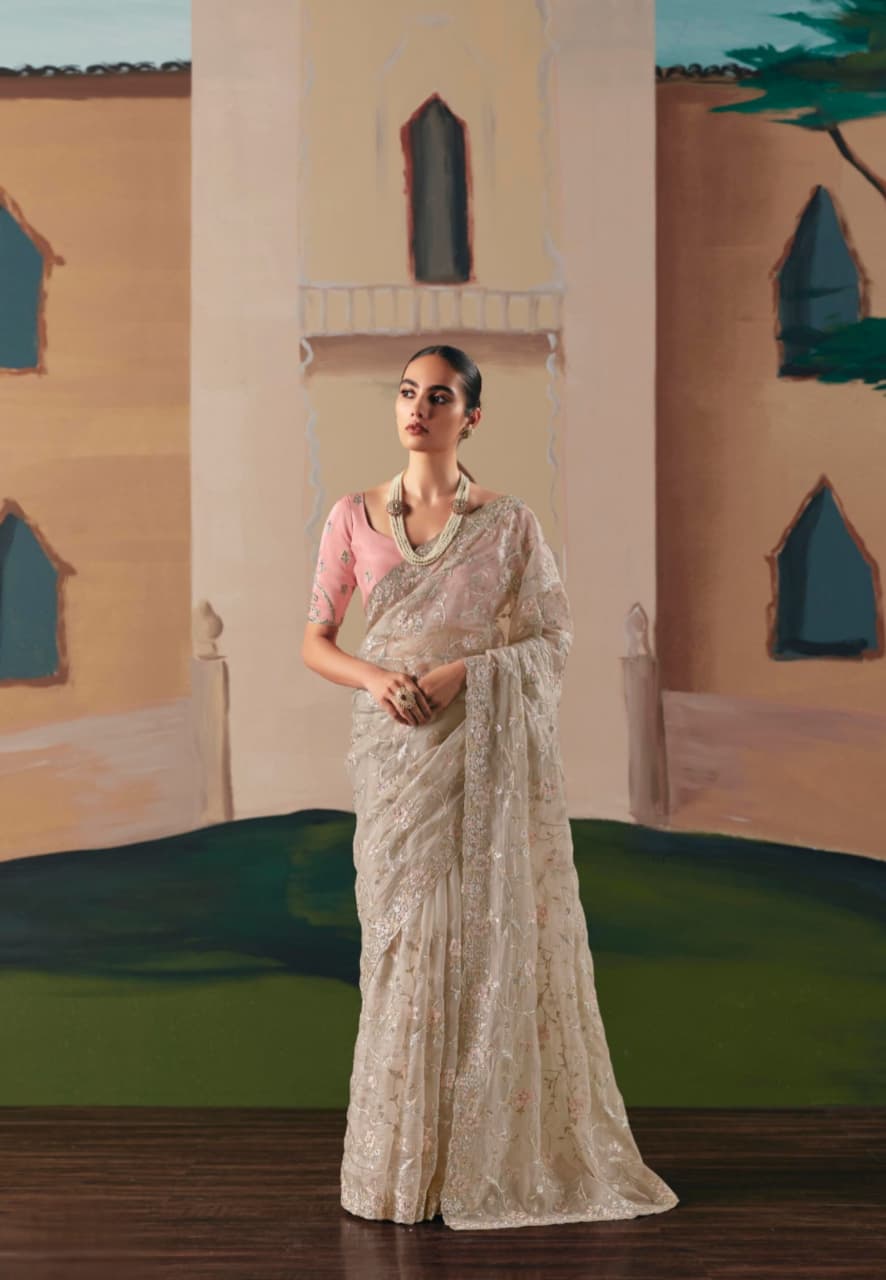 Golden Premium Fancy Fabric Embroidery Sequence Stone Work Saree