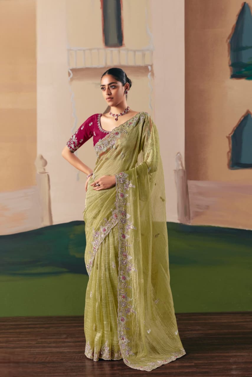 Lime Green Premium Fancy Fabric Embroidery Sequence Stone Work Saree