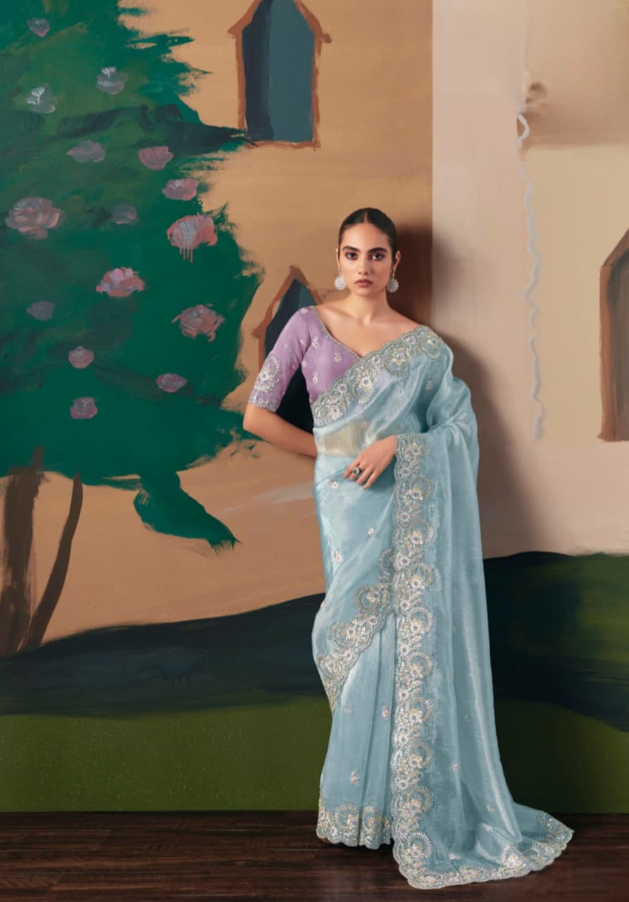 Sky Blue Premium Fancy Fabric Embroidery Sequence Stone Work Saree