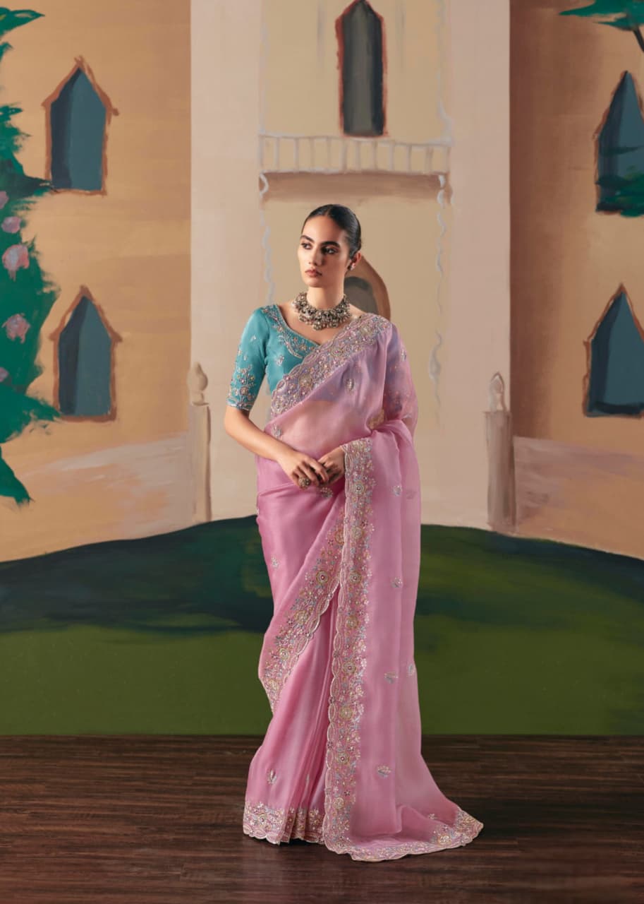 Mauve Pink Premium Fancy Fabric Embroidery Sequence Stone Work Saree