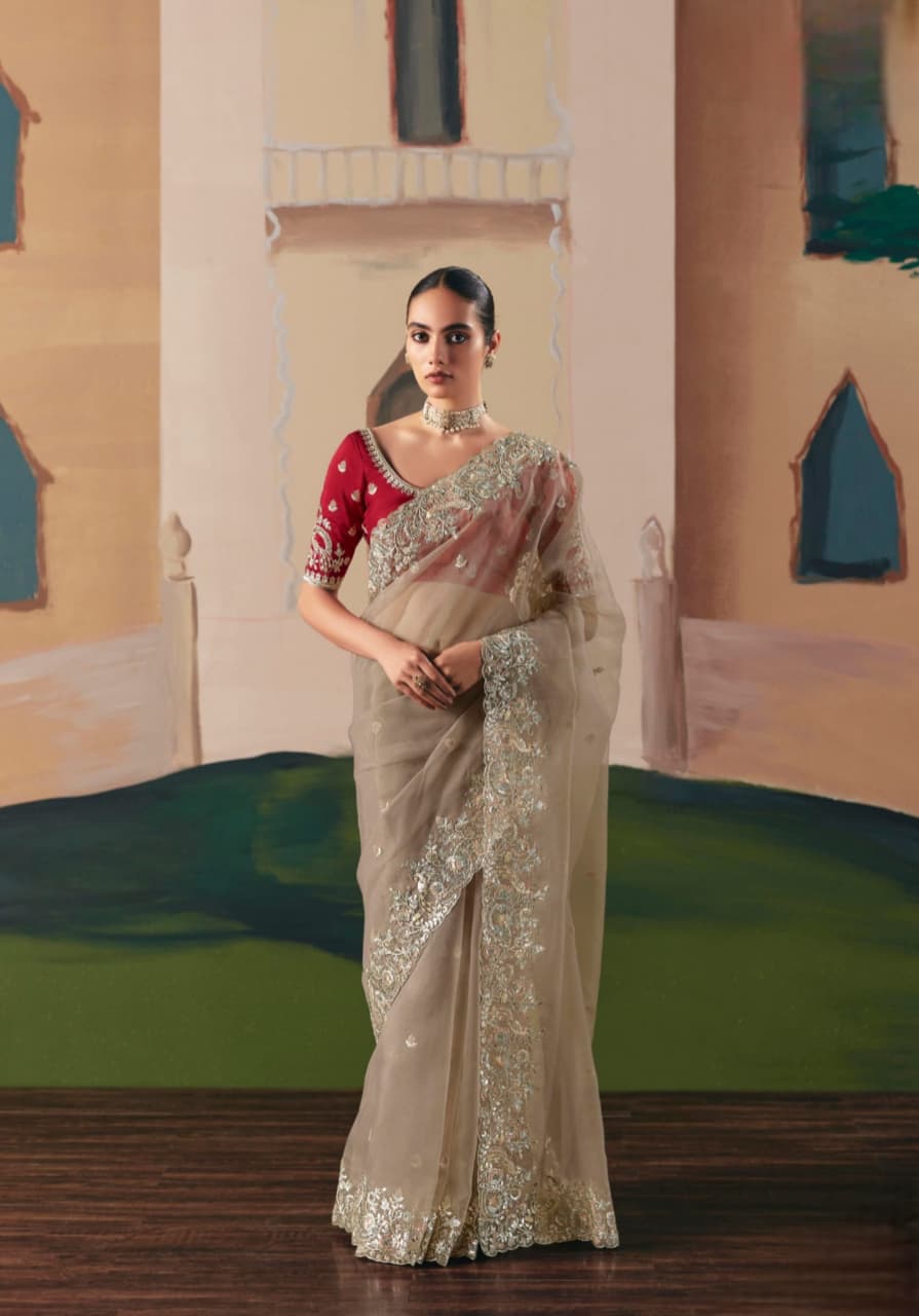 Beige Premium Fancy Fabric Embroidery Sequence Stone Work Saree