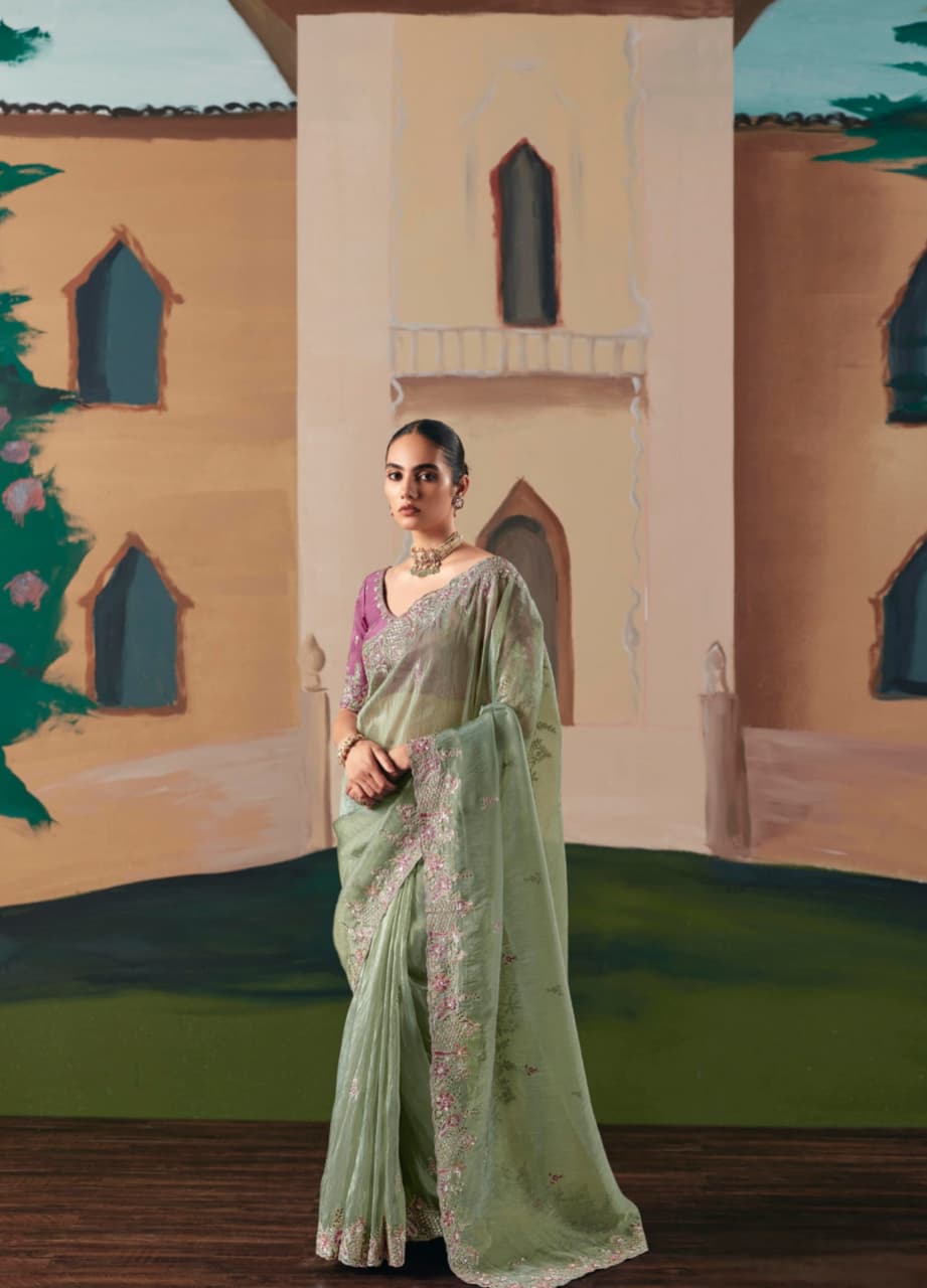 Mint Green Premium Fancy Fabric Embroidery Sequence Stone Work Saree