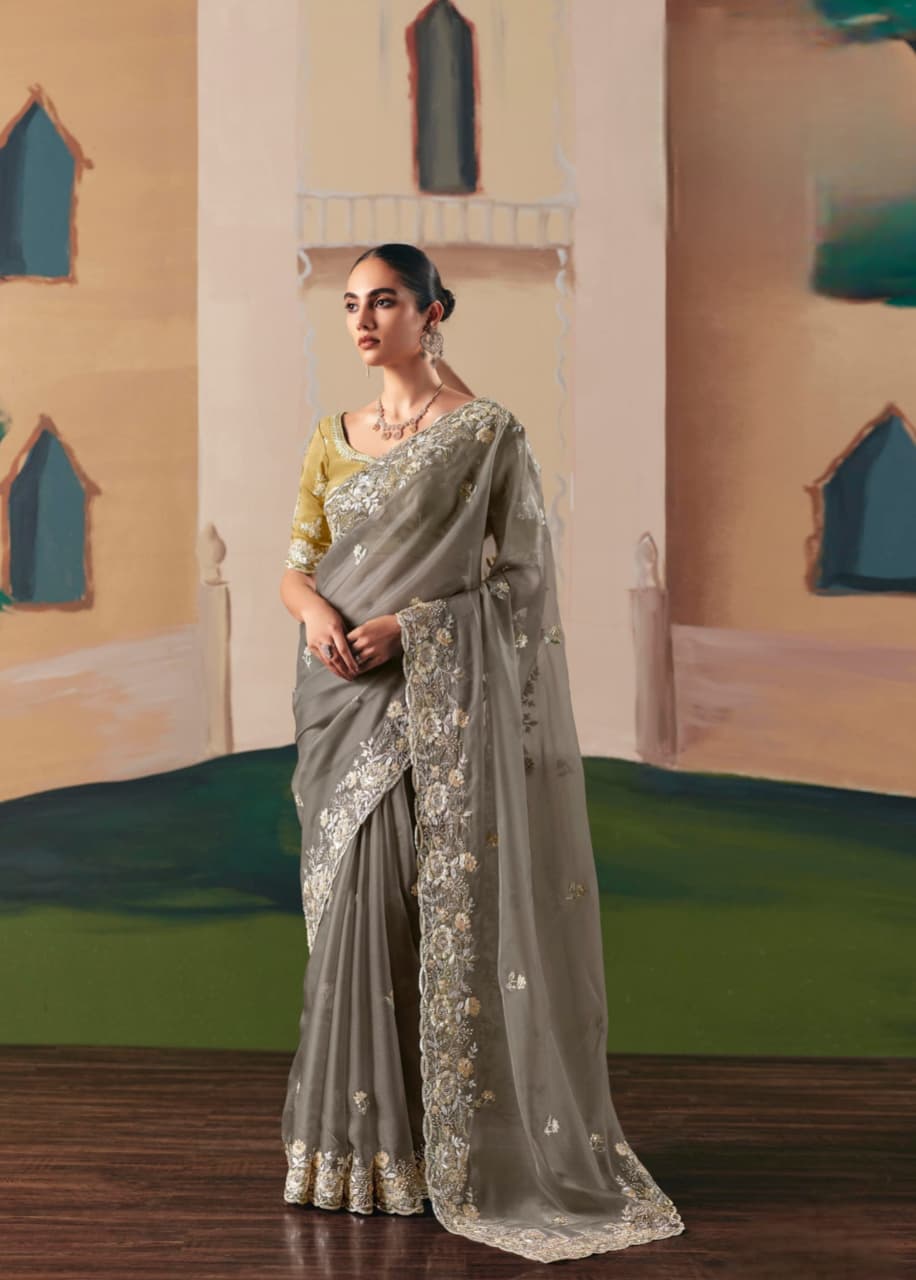Grey Premium Fancy Fabric Embroidery Sequence Stone Work Saree