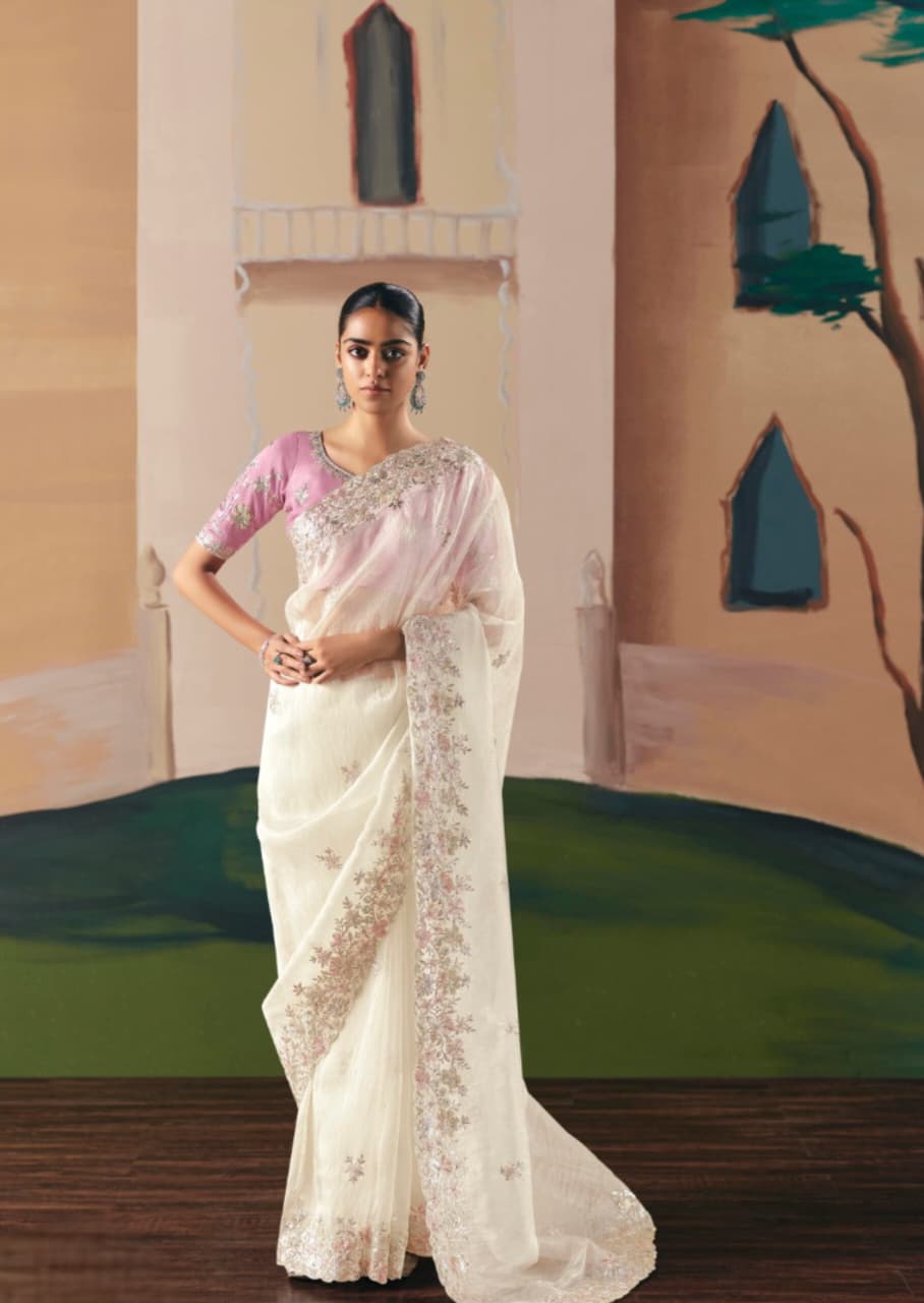 Off White Premium Fancy Fabric Embroidery Sequence Stone Work Saree