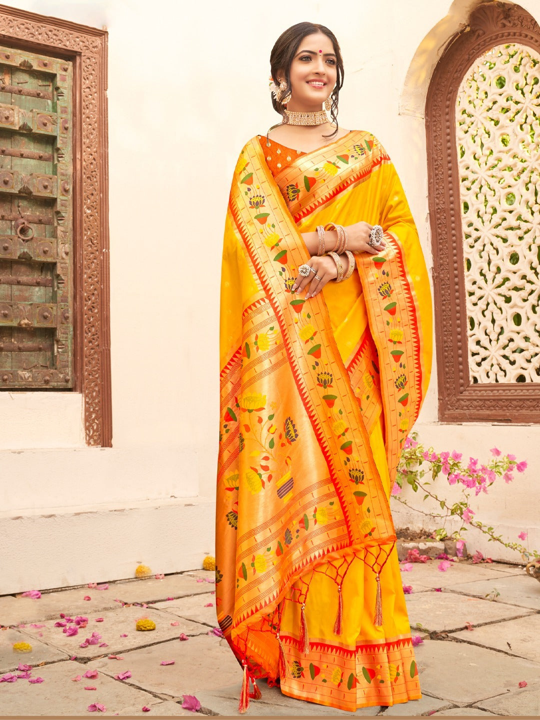 Yellow Paithani Silk Zari Weaving Contrast Border Saree