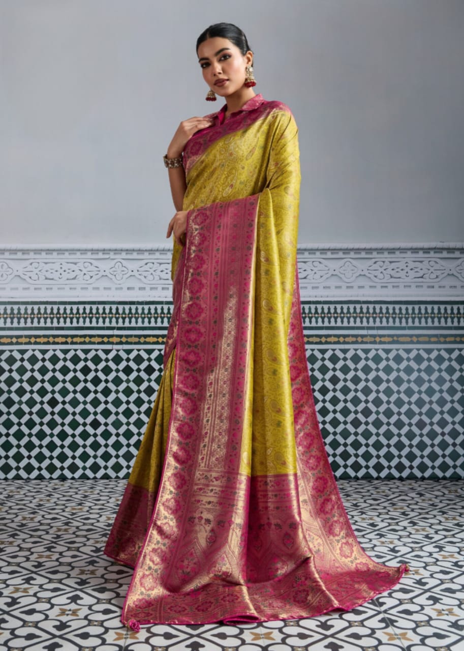 Yellow Pink Kanjivaram Soft Silk Woven Zari Meenakari Saree