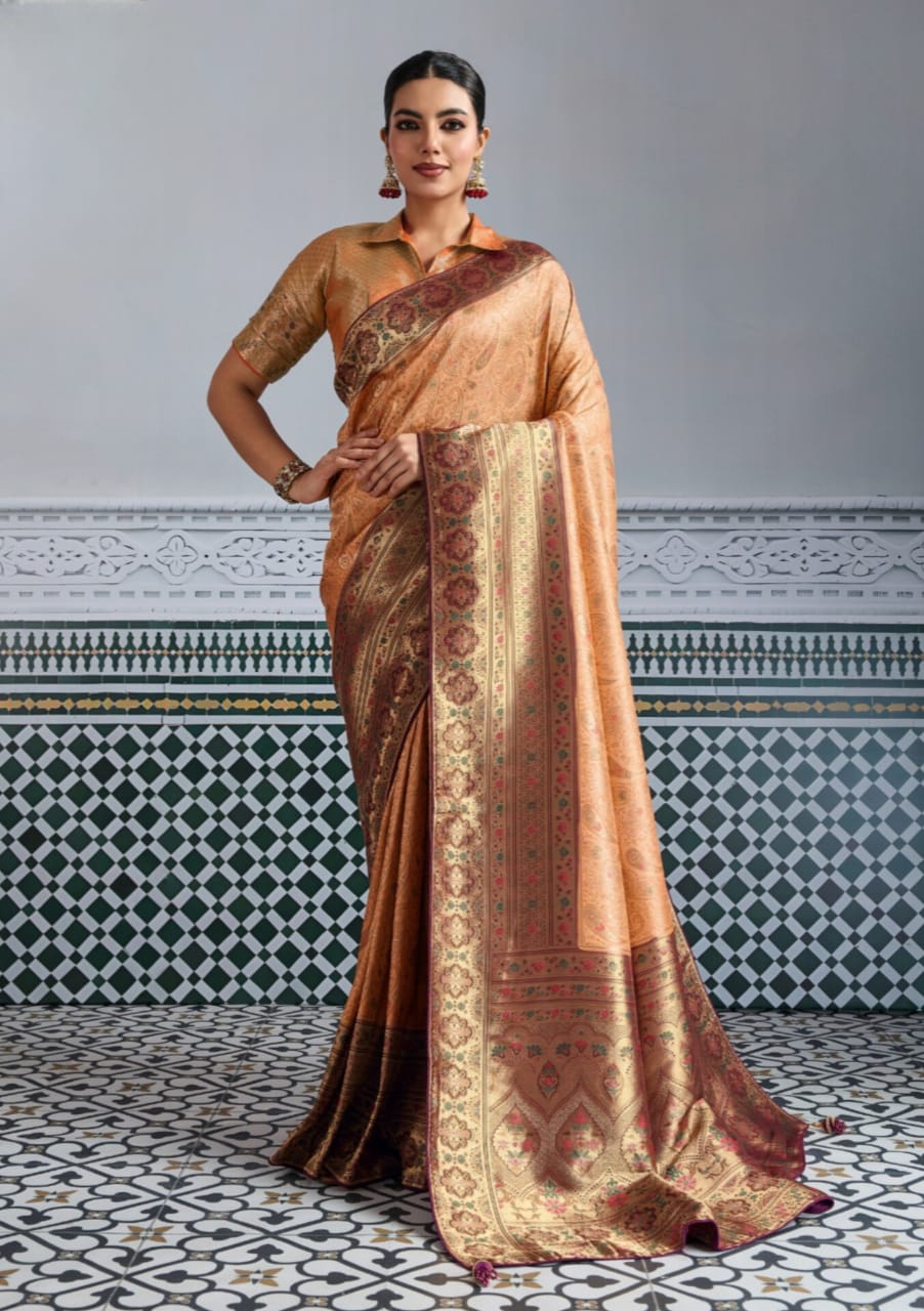 Peach Brown Kanjivaram Soft Silk Woven Zari Meenakari Saree