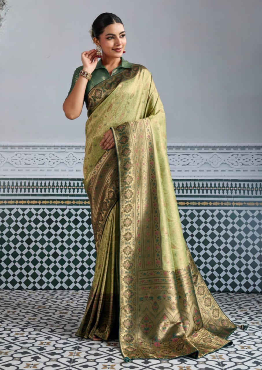 Olive Green Kanjivaram Soft Silk Woven Zari Meenakari Saree