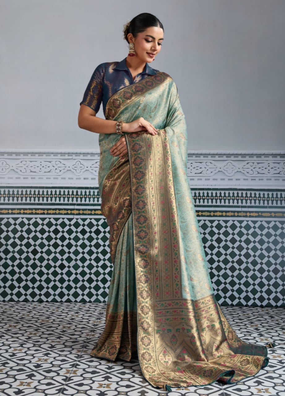 Sage Green Kanjivaram Soft Silk Woven Zari Meenakari Saree