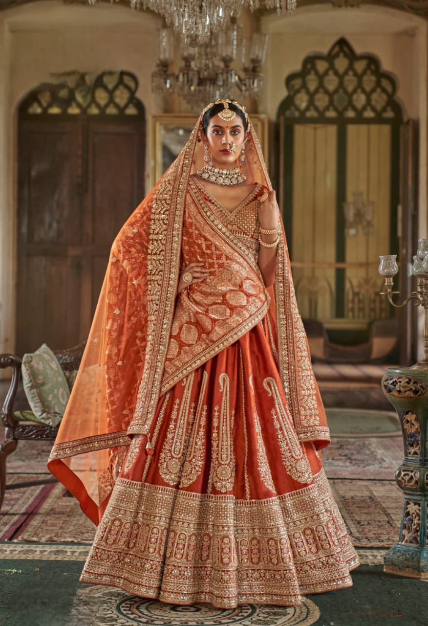 Rust Orange Bridal Tone Silk Embroidery Lehenga