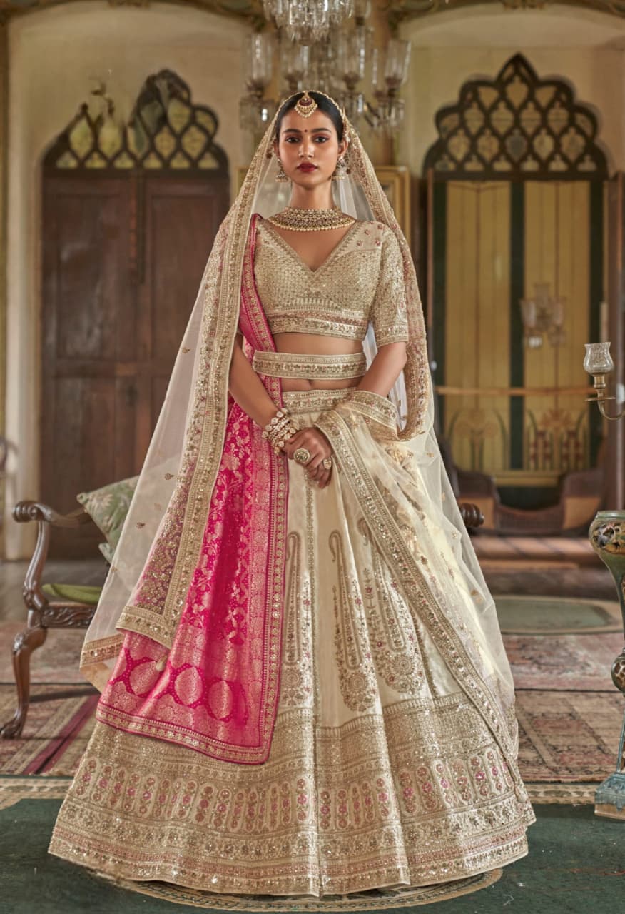Cream Gold Bridal Tone Silk Embroidery Lehenga