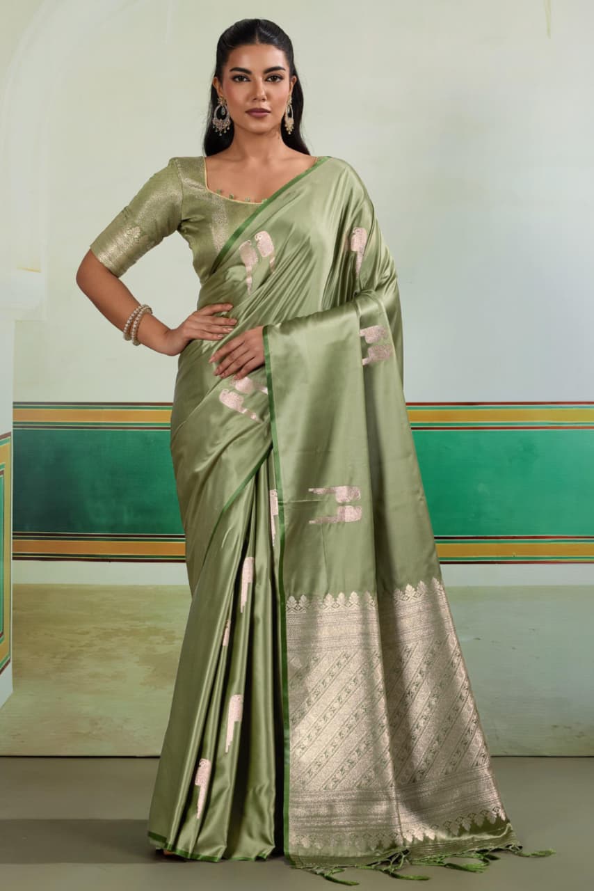 Green Pure Satin Handloom Weaving Saree